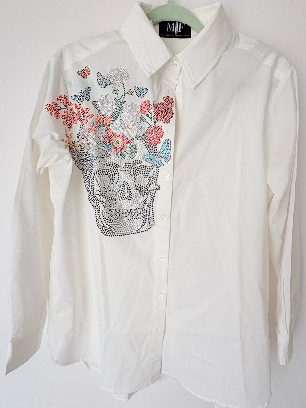 White Floral Sequined Skull Button-Down Blouse